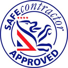 Circular badge with SAFEcontractor APPROVED and a stylized lion, in blue and red.